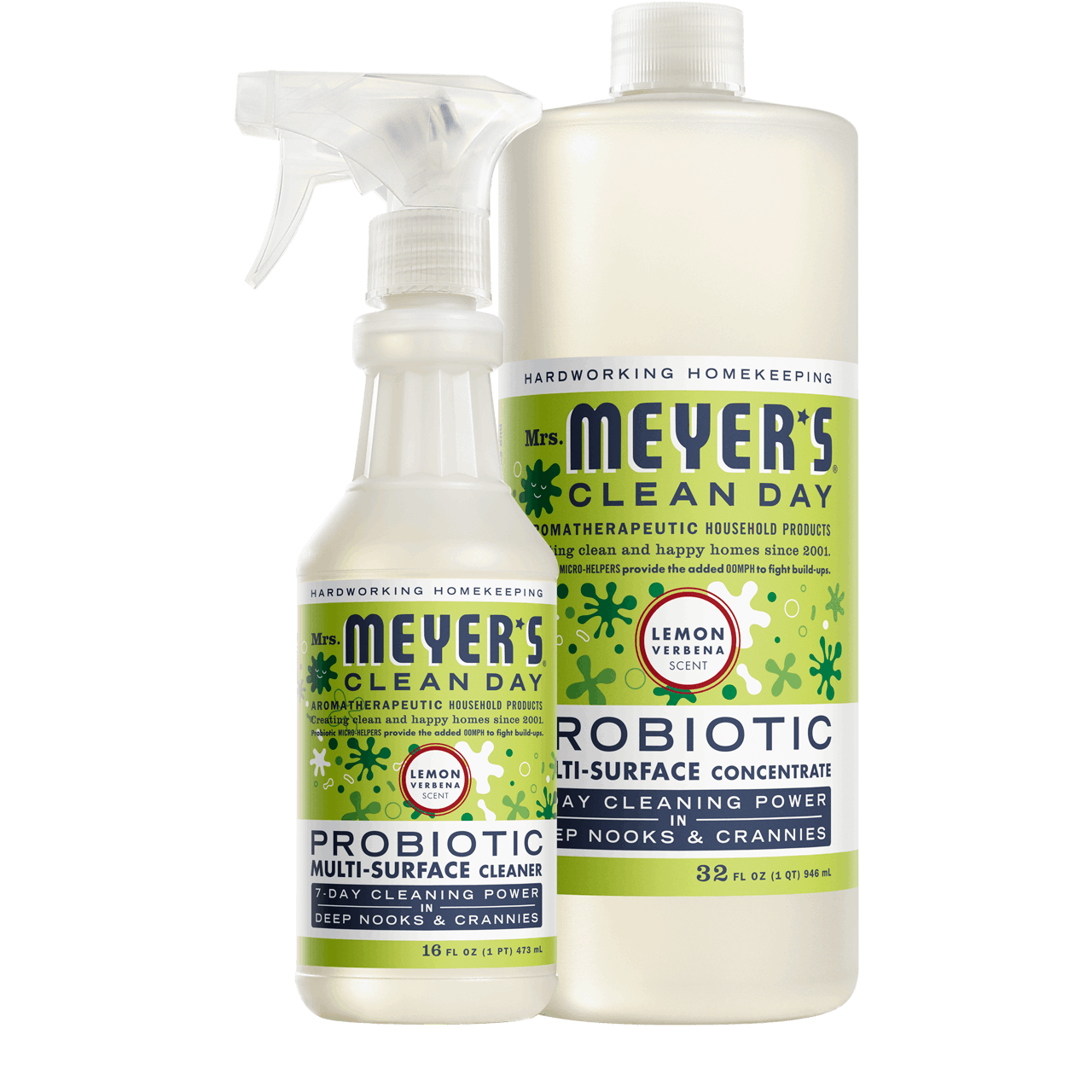 Mrs. Meyers Lemon Verbena Probiotic Multi - Surface Cleaner and Concentrate Set - for Easy Refilling